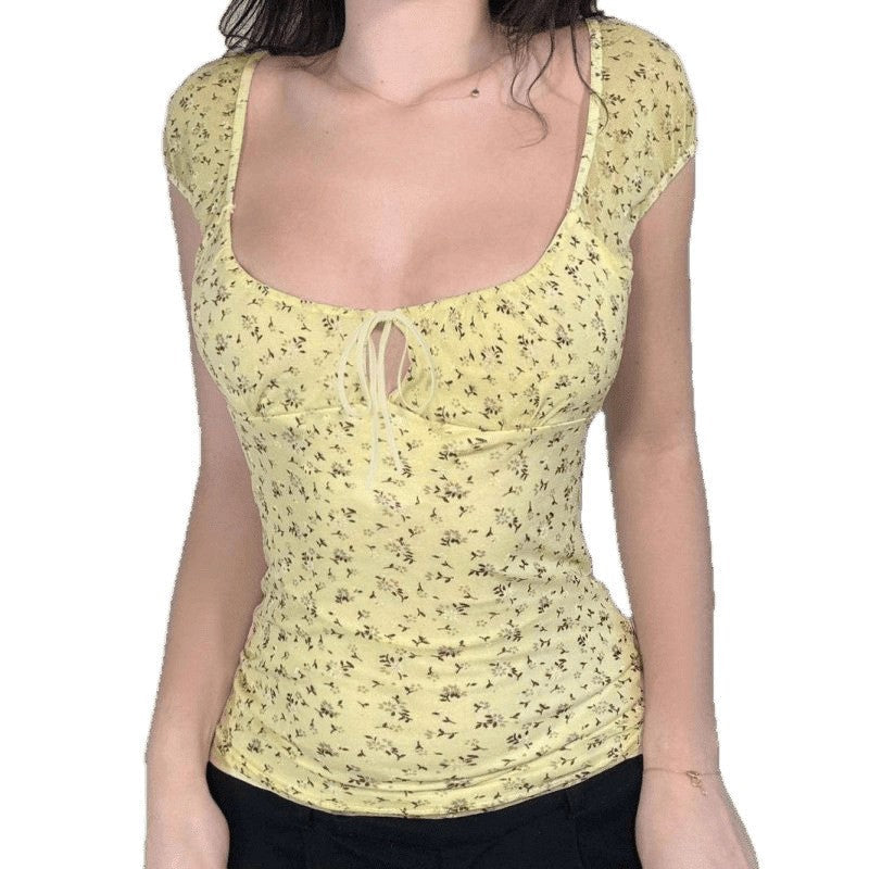 Aurea Yellow Floral Mesh Tee