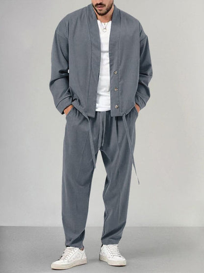 Men’s Buttoned Jacket and Jogger Set – Casual Style with Tailored Edge